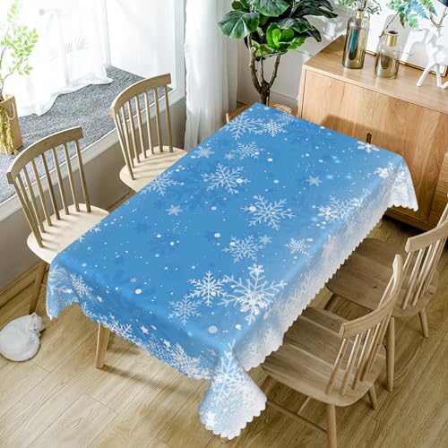 60x120in Winter Wonderland Blue White Snowflakes Tablecloth - Waterproof Polyester, Rectangular