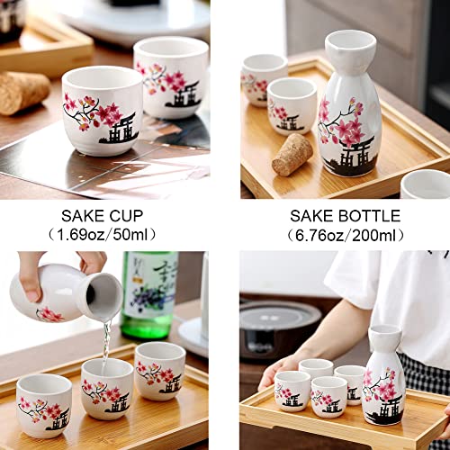 Old Craftsmen's Japanese Sake Set 5 Pcs 200ml Bottle & 50ml Cups Traditional Ceramic Sakura Design