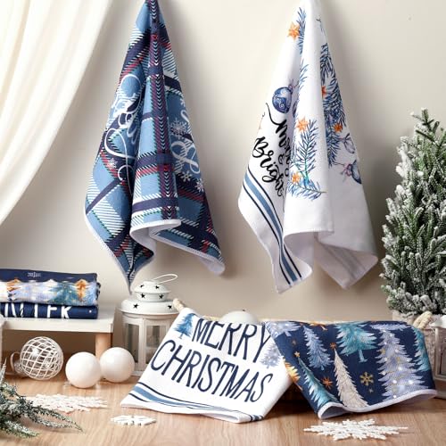 Oudain 6 Pcs Blue Christmas Kitchen Towels - Winter Dish Towel Set