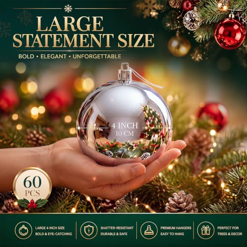 Hollowfly 4 Inch Silver Christmas Ornaments Set of 60 Waterproof Shatterproof Holiday Decorations