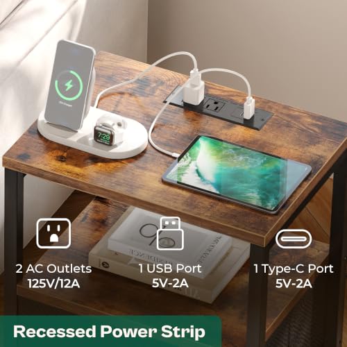 Nightstand with Charging Station, 2 Fabric Drawers & Storage Shelf