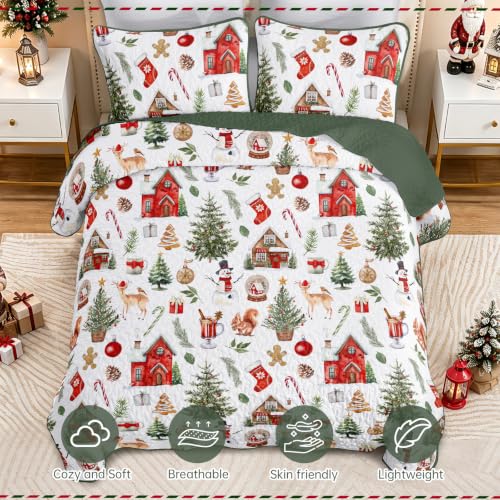 Xruibed Red & Green Christmas Quilt Set Queen 3-Piece (90x96) Elks Pattern