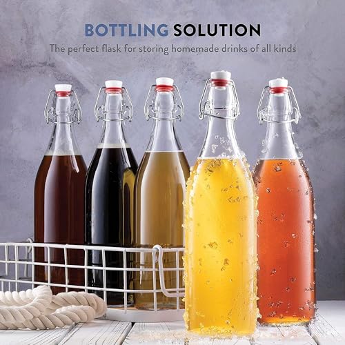Bormioli Rocco 1L Glass Swing Top Bottles (6 Pack) - Leak-Proof Flip Top Storage Jars