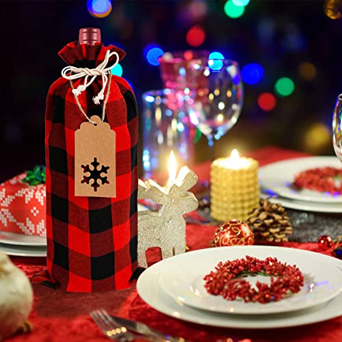 SULOLI 12-Piece Christmas Burlap Wine Bags with Drawstring, 24 Gift Tags & 16.4 ft Rope—Buffalo Plaid