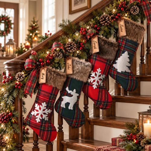 Heritage 18in Christmas Stockings Set of 4 with Faux Fur Cuff & Personalizable Leather Tags