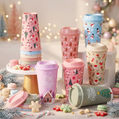 36 Pack Christmas Coffee Cups with Lids, 16oz, Pastel Assorted Patterns - Acellegic