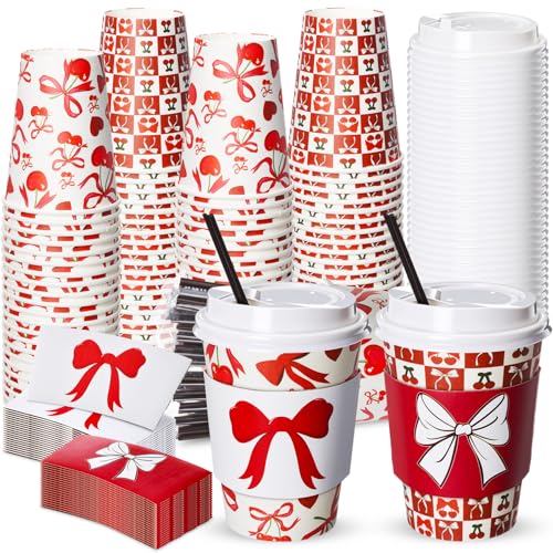 Lallisa 12 oz Red Bow Cherry Christmas Disposable Coffee Cups with Lids (50 Pack)