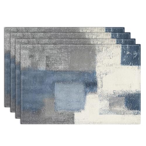Abstract Blue Grey Linen Placemats Set of 4, 12x18 Inch Farmhouse Table Mats