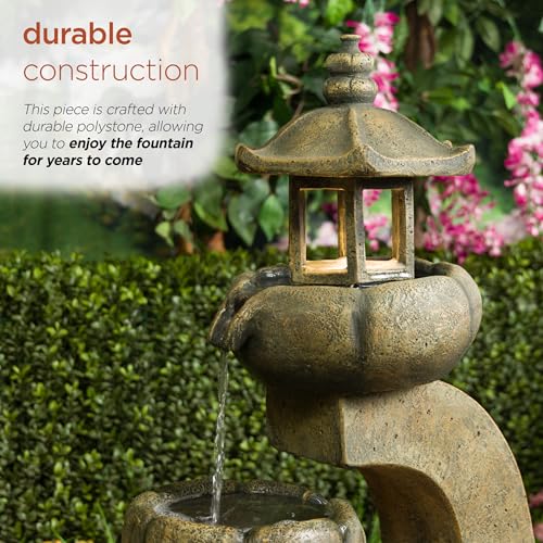32-Inch 2-Tier Pagoda Fountain with LED Lights for Garden and Patio
