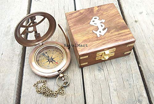 Personalized Solid Brass Sundial Compass with Engraved Leather Pouch