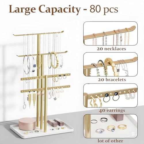 14.5-Inch Gold Jewelry Stand Organizer with Tray for Necklaces