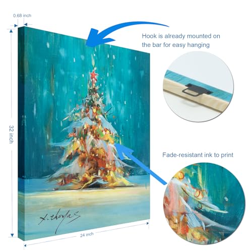 JZLDZS Christmas Tree Canvas Wall Art 24x32 Inches Framed Blue & Yellow Holiday Decor