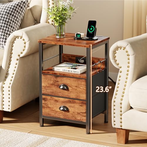 Industrial Nightstand with Charging Station, 2 Fabric Drawers & USB Ports