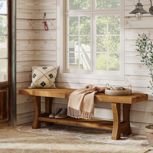 55-Inch Solid Wood Entryway Bench with Storage Shelf