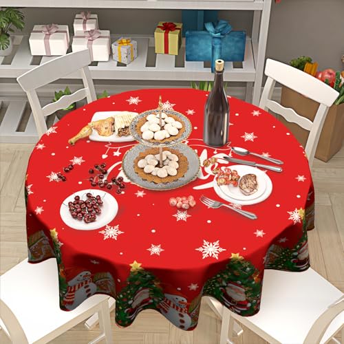 Granbey Merry Christmas Santa Snowman 60in Round Tablecloth – Christmas Snowflakes & Trees