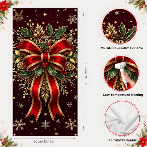 Christmas Door Cover 71x35in - Elegant Red Bow Holly Banner with Gold Snowflakes (Variation: Christmas red bow / 71x35 inches)