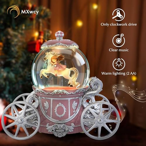 Unicorn Princess Carriage 7" Snow Globe Music Box - Pink LED Light Up Globe, La Vie en Rose