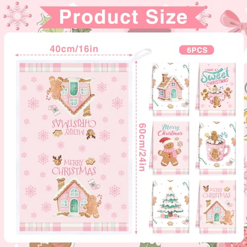Gingerbread Pink Christmas Kitchen Towels Set of 6 - Holiday Housewarming Gift