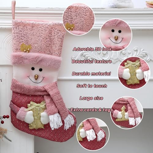 Pink Christmas Stockings with Gold Sequins & 3D Holiday Characters - 1 Pack Snowman, Santa, Reindeer, Personalized 20" Decor