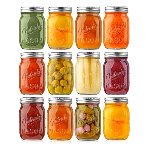 NutriChef 12-Pack 16 oz Mason Jars with Lids - Thick Glass Canning Jars with Stainless Steel Lids - Ideal for DIY Spices, Meal Prep, Overnight Oats, Jelly, Jam, Honey, Candles, Crafts, & More