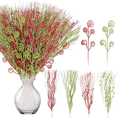 52Pcs Christmas Tree Decorations Red Green Artificial Glitter Picks Sprays Berry Stems Curly Ornaments Xmas Winter Holiday Vase Filler Tree Topper Home Table Decor