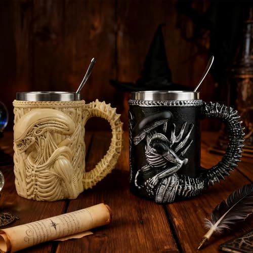 Black Alien Xenomorph Mug with Spoon, 14 oz Sci-Fi Coffee Cup Gift for Fans