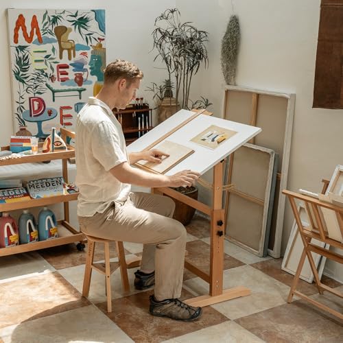 Adjustable Drafting Table and Stool Set, 35.5-inch Tiltable Drawing Desk