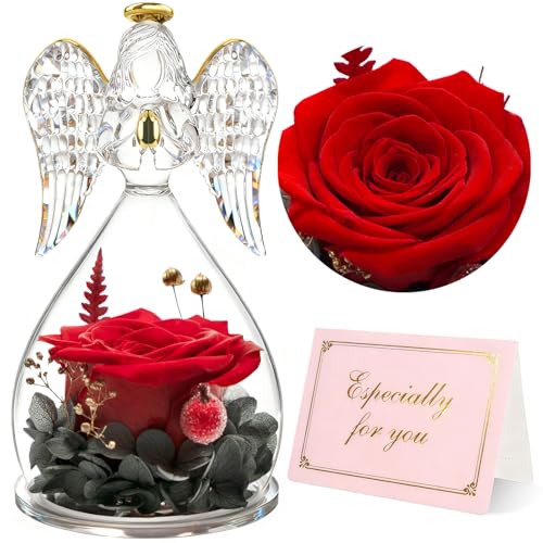 Preserved Real Rose in Glass Angel Figurine - Forever Flower Gift for Her