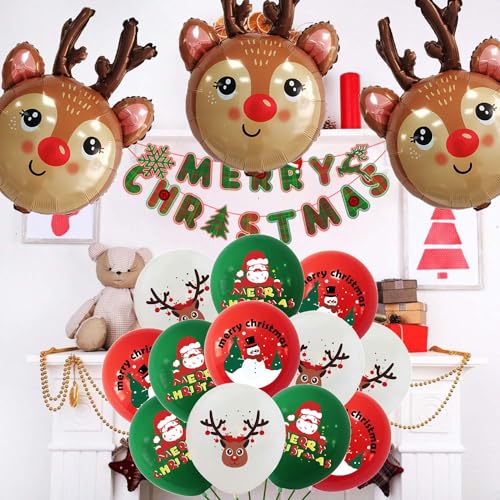 HADCKJA Reindeer Balloons - 15Pcs Christmas Balloon Kit (3 large reindeer foil + 12 assorted latex)