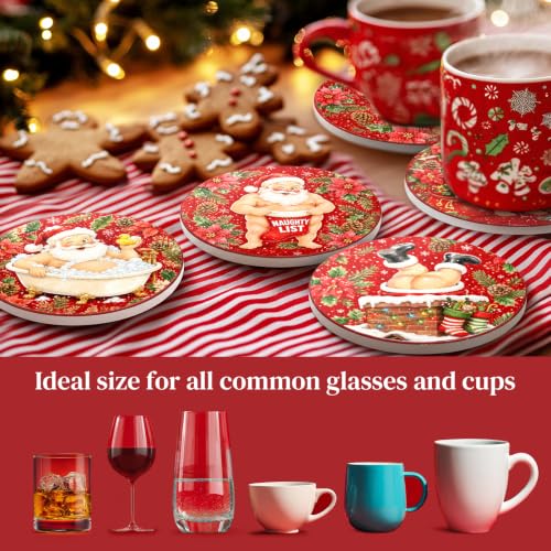 Dageusi Red Santa Coasters Set of 6 - Absorbent Ceramic? Actually Diatomite Stone Coasters with Holder – Naughty Santa Laugh Gift 4"