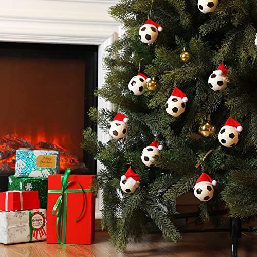 HyDren 12 Pcs Soccer Christmas Ball Ornaments with Santa Hats – 2.4" Foam Football Decor (Soccer Variation)