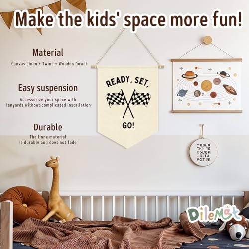 Ready Set Go Race Car Pennant Banner - Linen Wall Hanging for Kids Room