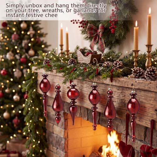 Seenelling Burgundy Crystal Glass Christmas Finial Ornaments Set of 6 - Retro Holiday Decor