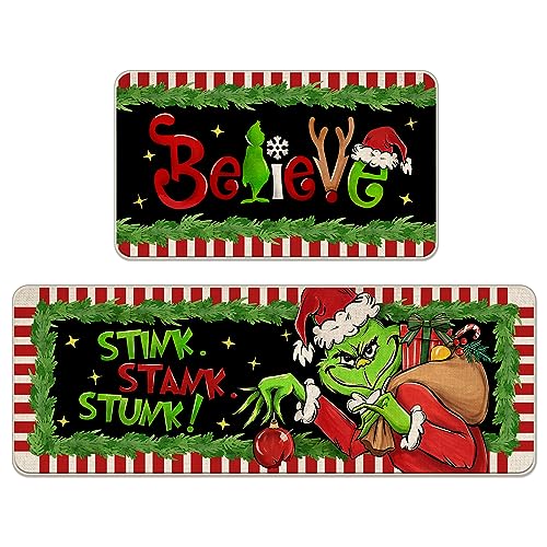 Green Believe Christmas Kitchen Rugs Set of 2 - Non-Slip Holiday Doormats