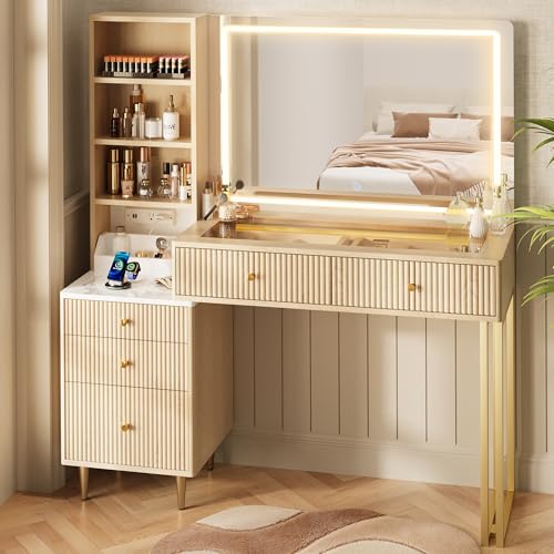 44-Inch Fluted Oak Vanity Desk with LED Lighted Mirror and Charging Station
