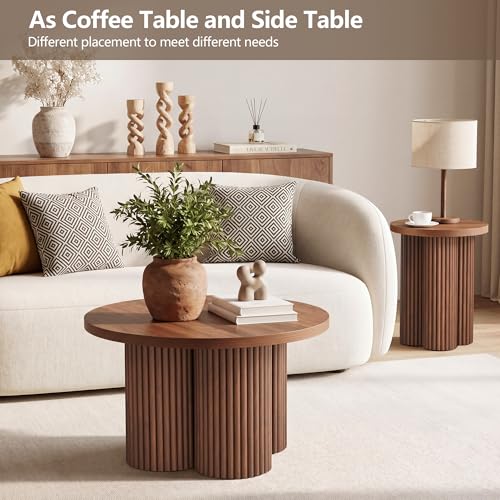Round Nesting Coffee Table Set of 2, Fluted Wooden Tables for Small Spaces