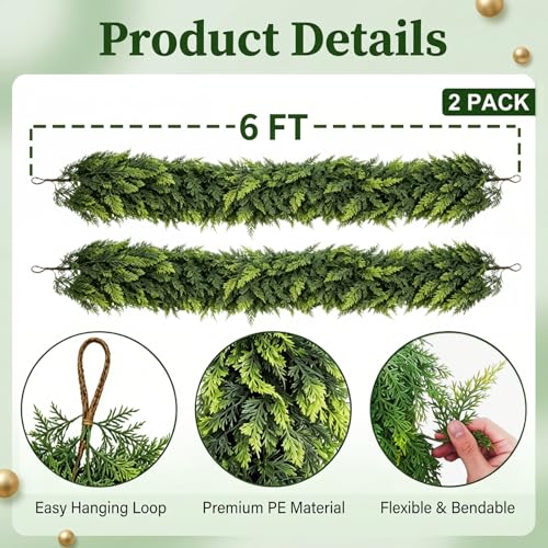2 Pack 6Ft Real Touch Cedar Garland - Faux Christmas Greenery for Mantle & Decor