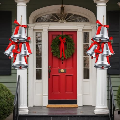 MorningRo Silver 8+6.5in Large Christmas Bells Set for Holiday Decor - Outdoor & Indoor Xmas Ornaments