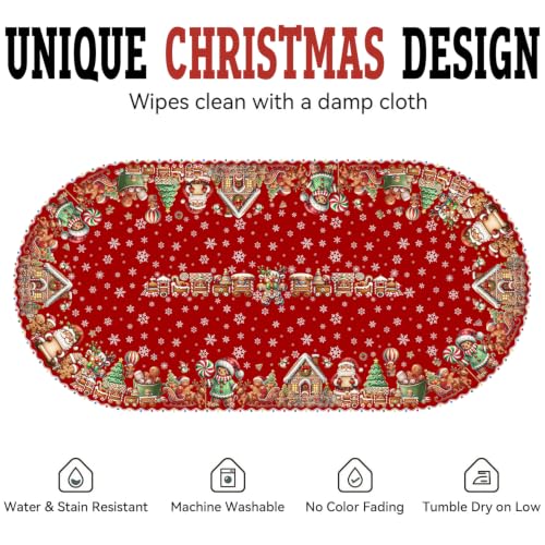 Christmas Gingerbread Red Oval Tablecloth 60 x 120 Inches Waterproof & Machine Washable - Holiday Dining Decor