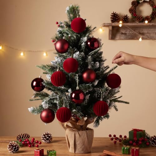 12-Pack Burgundy Christmas Ornaments - Velvet Ball Tree Decorations