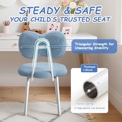 Bow Backrest Vanity Chair, Teddy Fleece Reading Seat for Bedroom, Blue