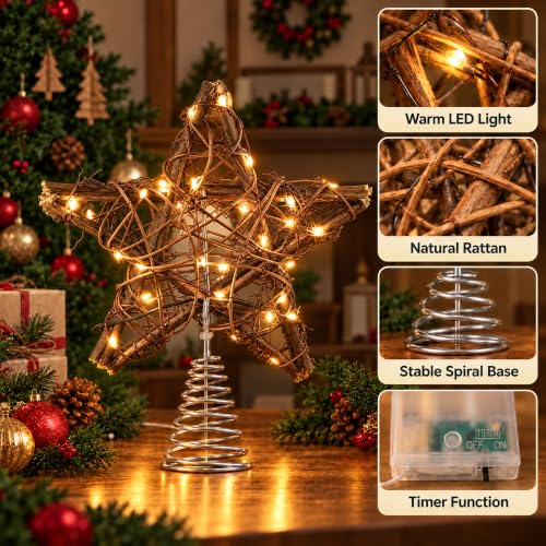 Rattan Christmas Tree Topper Star with Warm White LED Lights, Battery & USB Powered