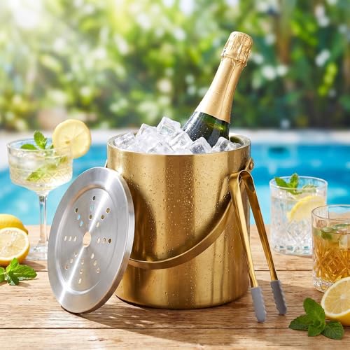 Gold 3L Double Wall Ice Bucket with Lid & Tongs – Stylish Bar Chiller