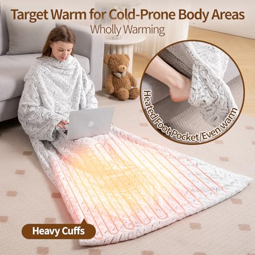 Wearable Heated Blanket with Sleeves and Foot Pockets, Faux Fur & Sherpa