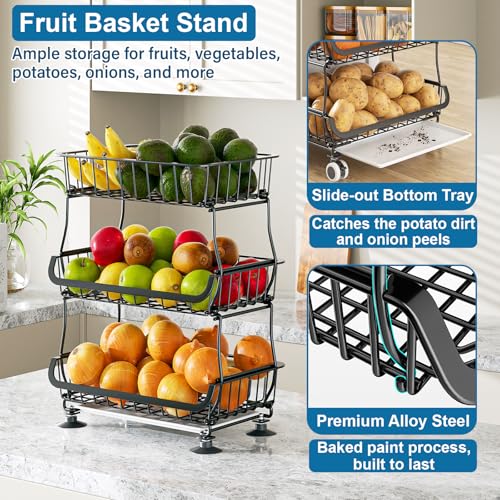 3-Tier Rolling Pantry Storage Cart with Wheels & Slide-Out Tray