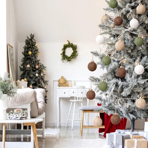 Rustic Burlap Christmas Ornaments Set - 12 Neutral Farmhouse Tree Decorations, Green, Beige, White, Brown