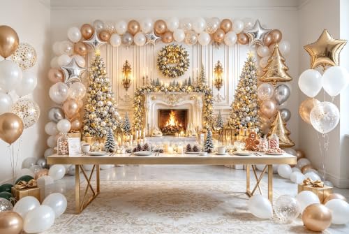 8x6FT White Gold Christmas Fireplace Backdrop | Winter Wonderland Photo Background