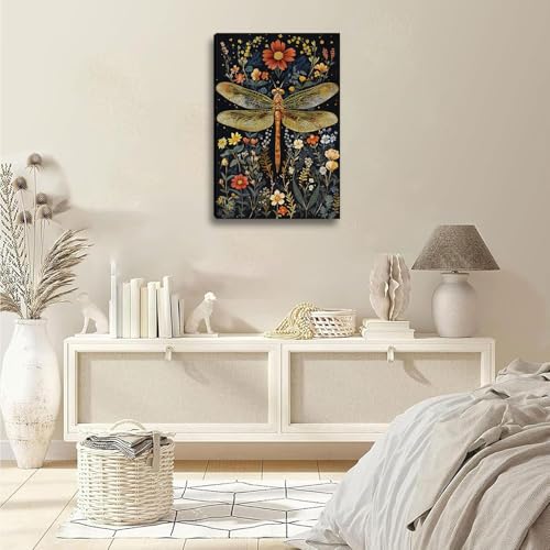 FENNIDICE 24x36 Vintage Botanical Dragonfly Wall Art Framed Navy