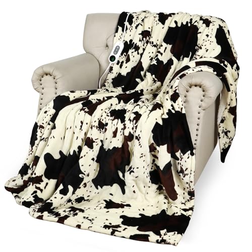 Heated Throw Blanket, 50x60 Cow Print Electric Sherpa Fleece Blanket