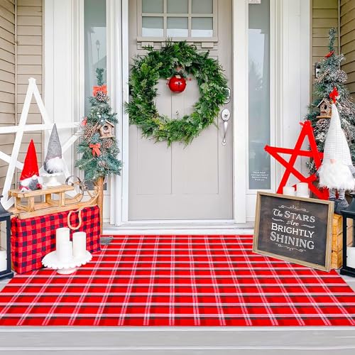 Ckorzen 4' x 6' Red Green & White Plaid Indoor/Outdoor Cotton Rug – Handwoven, Washable Front Porch Mat